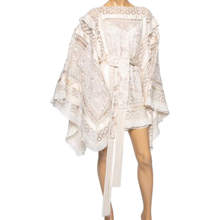 Pre Owned Zimmermann Cream Silk Organza & Crochet Trimmed Belted Kaftan Dress M