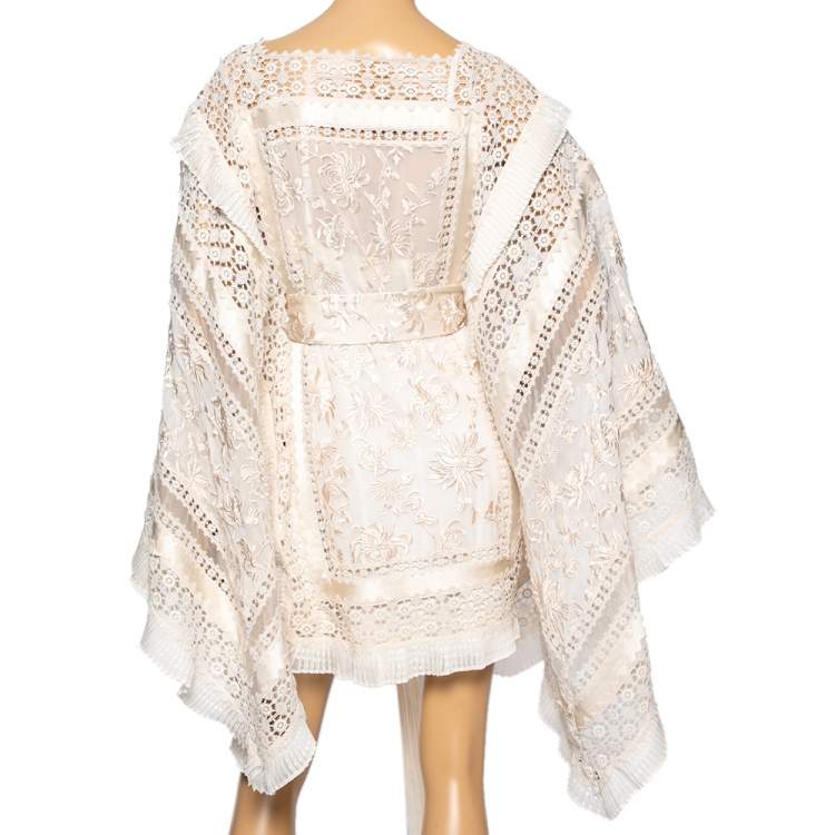 Pre Owned Zimmermann Cream Silk Organza & Crochet Trimmed Belted Kaftan Dress M