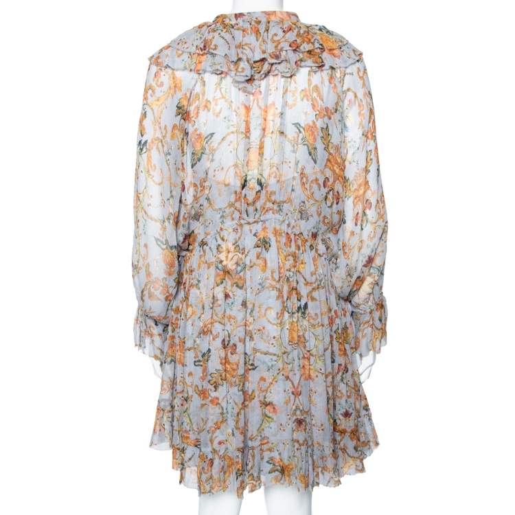 Pre Owned Zimmermann Grey Floral Printed Ruffled Trim Detailed Dress M