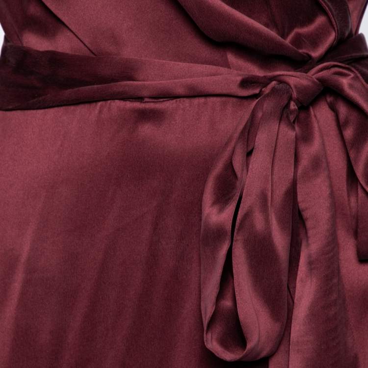 Pre Owned Zimmermann Burgundy Silk Ruffled Asymmetrical Wrap Dress L