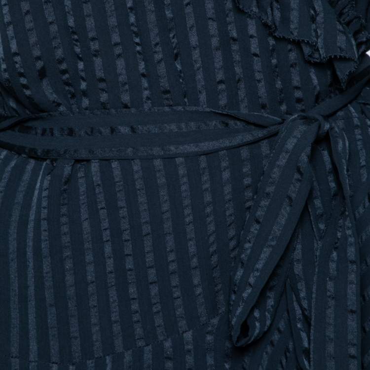 Pre Owned Zimmermann Navy Blue Striped Silk Ruffled Wrap Dress L