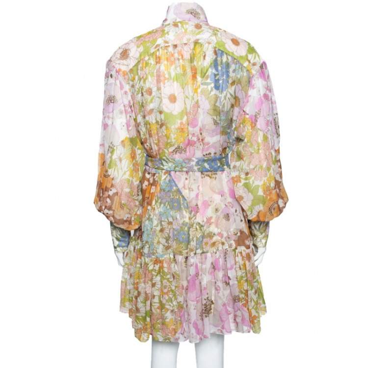Pre Owned Zimmermann Multicolored Floral Printed Cotton & Silk Belted Dress L