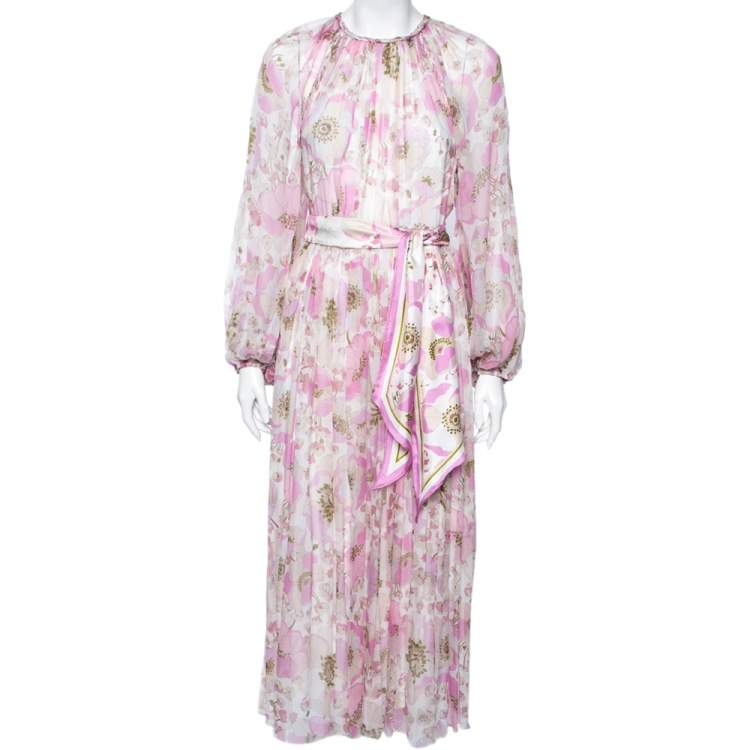 Pre Owned Zimmermann Pink Floral Printed Silk Braided Trim Detailed Belted Dress L