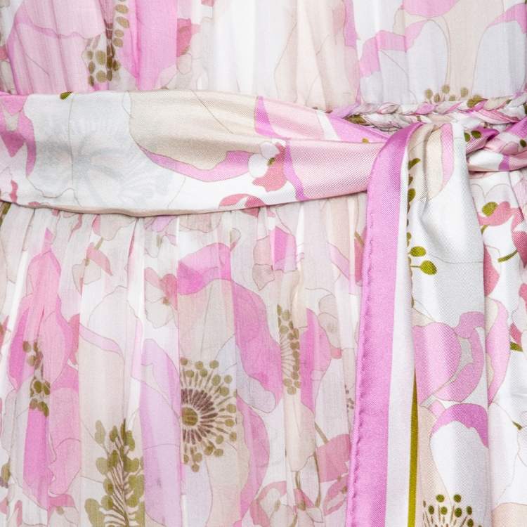 Pre Owned Zimmermann Pink Floral Printed Silk Braided Trim Detailed Belted Dress L