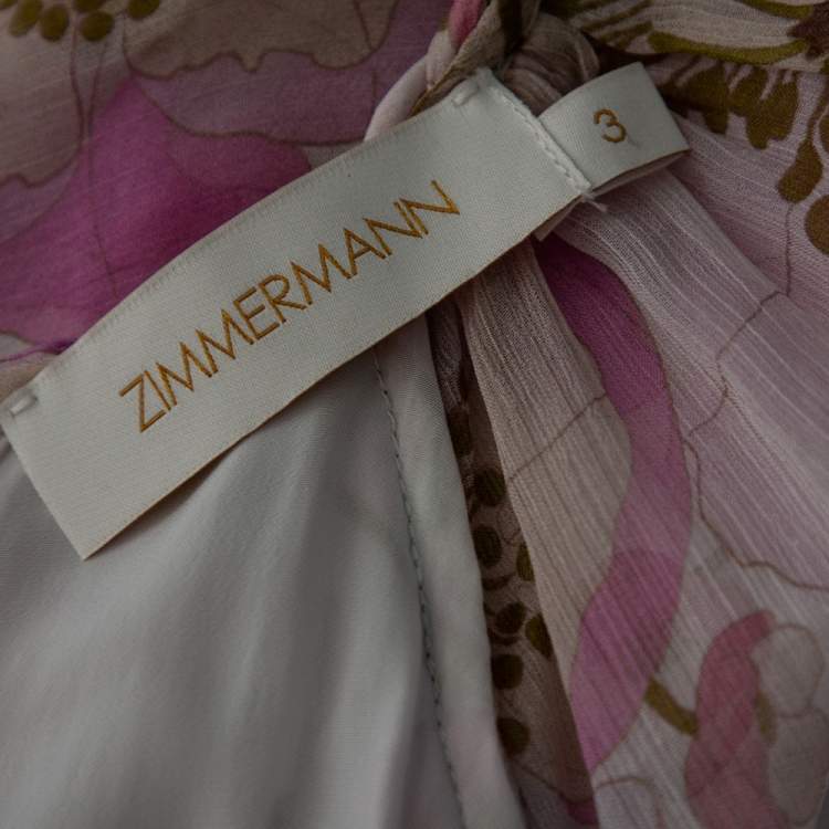 Pre Owned Zimmermann Pink Floral Printed Silk Braided Trim Detailed Belted Dress L