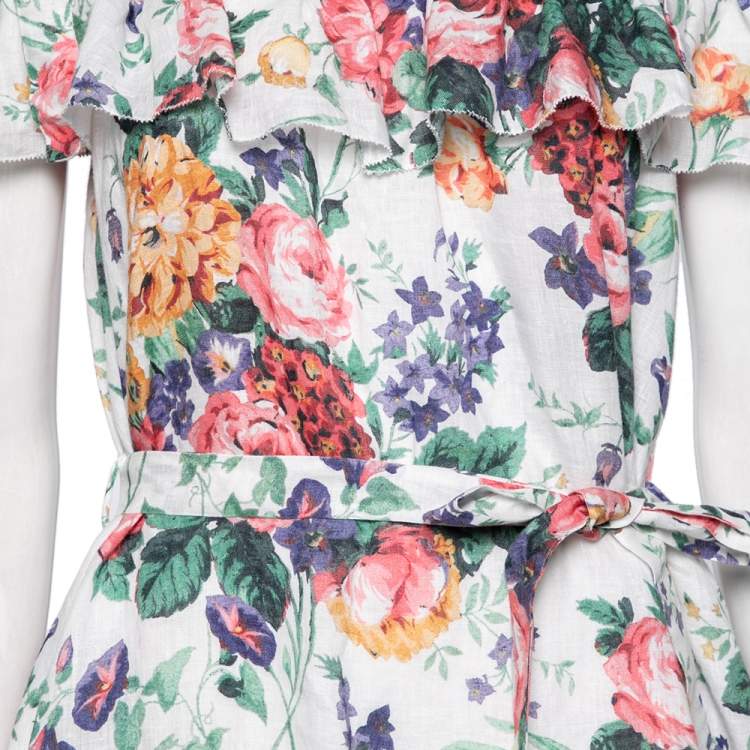 Pre Owned Zimmermann White Floral Print  Allia Tie Strap Linen Dress XL