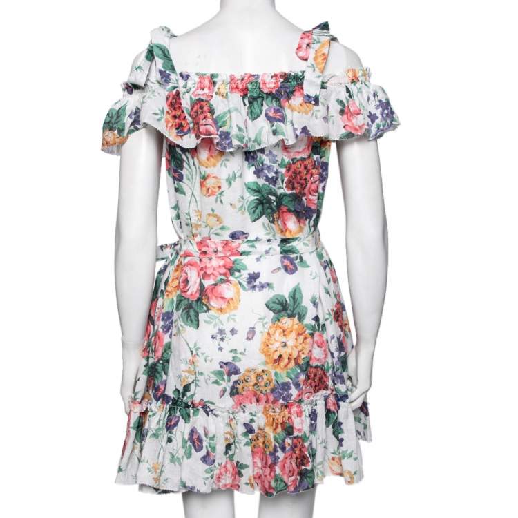 Pre Owned Zimmermann White Floral Print  Allia Tie Strap Linen Dress XL