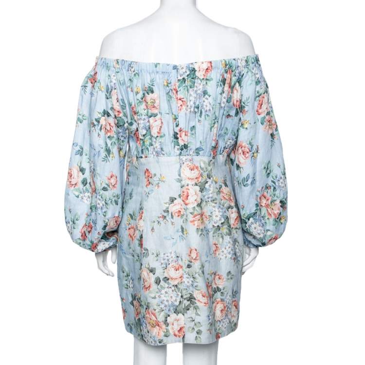 Pre Owned Zimmermann Blue Floral Printed Cotton Bowie Off Shoulder Dress S