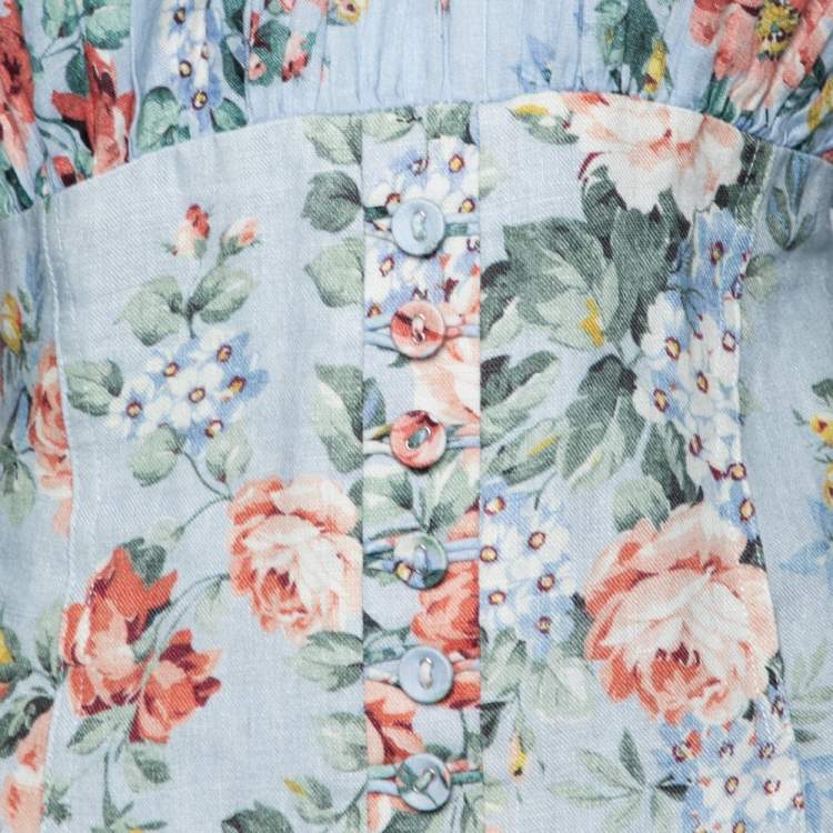 Pre Owned Zimmermann Blue Floral Printed Cotton Bowie Off Shoulder Dress S