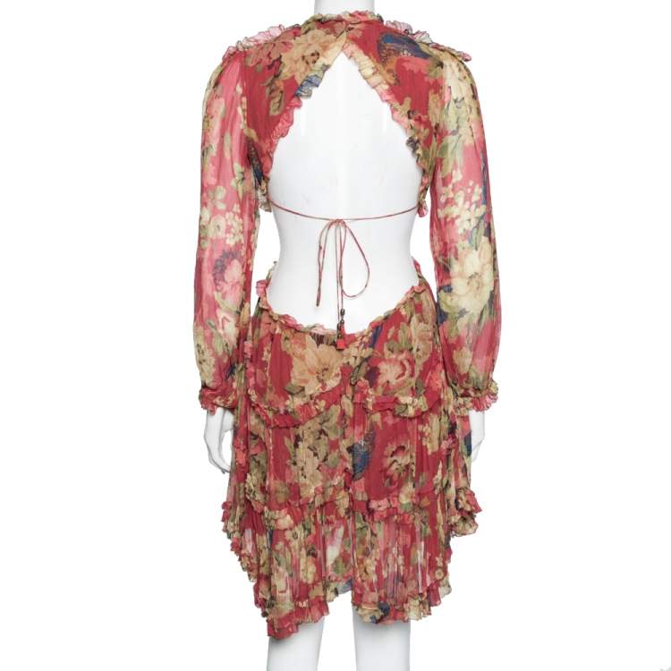 Pre Owned Zimmermann Multicolor Floral Printed Silk Ruffle Detail Backless Dress S
