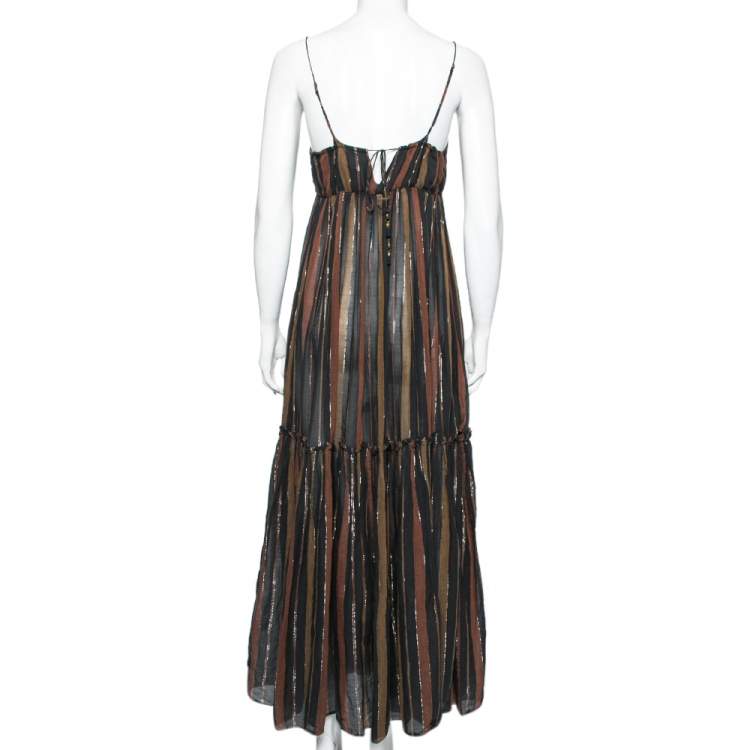 Pre Owned Zimmermann Multicolor Cotton and Metallic Striped Tiered Tasseled Maxi Dress S