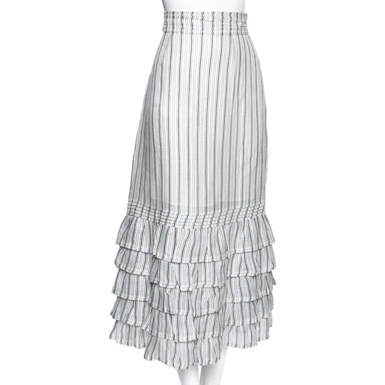 مملوكة مسبقًا Zimmermann White Striped Linen & Silk Tiered Midi Skirt M
