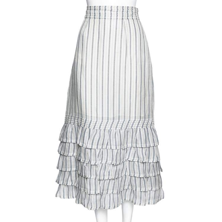 مملوكة مسبقًا Zimmermann White Striped Linen & Silk Tiered Midi Skirt M