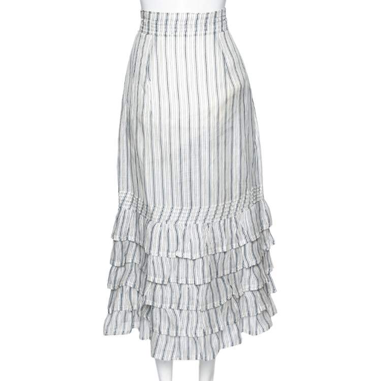 مملوكة مسبقًا Zimmermann White Striped Linen & Silk Tiered Midi Skirt M