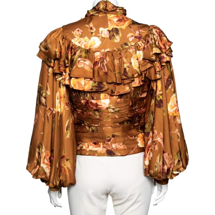 مملوكة مسبقًا Zimmermann Metallic Brown Floral Print Silk Ruffled and Ruched Detailed Zipped Cuff Blouse S