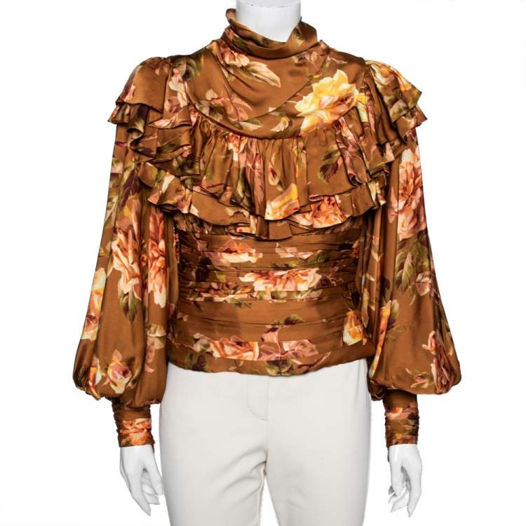 مملوكة مسبقًا Zimmermann Metallic Brown Floral Print Silk Ruffled and Ruched Detailed Zipped Cuff Blouse S
