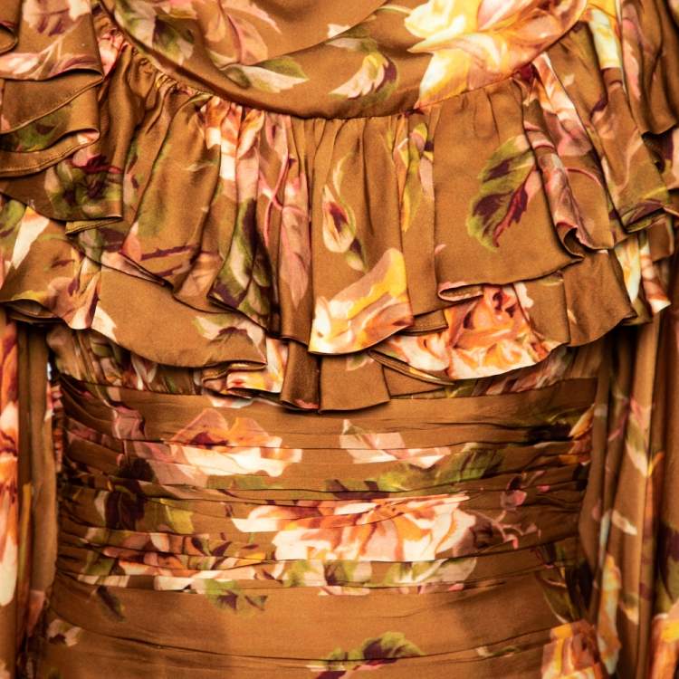 مملوكة مسبقًا Zimmermann Metallic Brown Floral Print Silk Ruffled and Ruched Detailed Zipped Cuff Blouse S