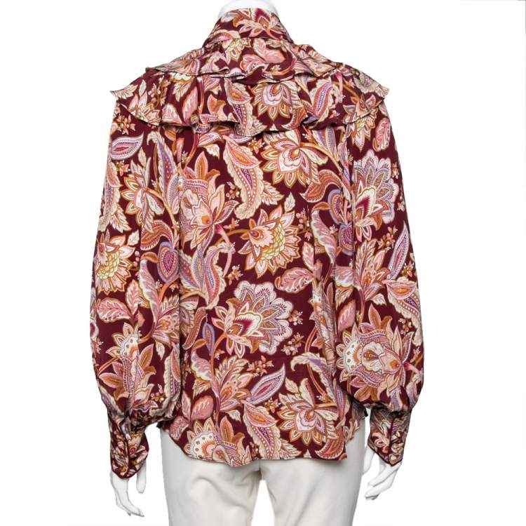 Pre Owned Zimmermann Burgundy Printed Silk Tie Neck Ruffled Blouse XS