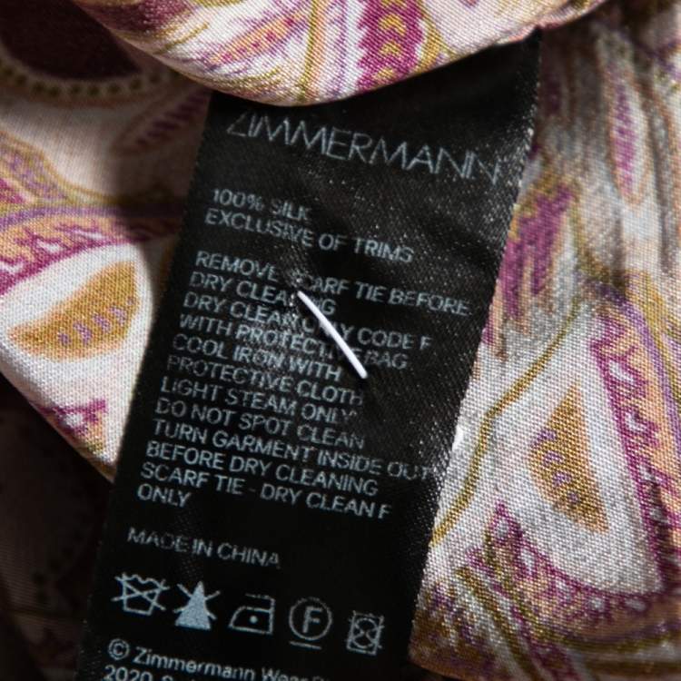 Pre Owned Zimmermann Burgundy Printed Silk Tie Neck Ruffled Blouse XS