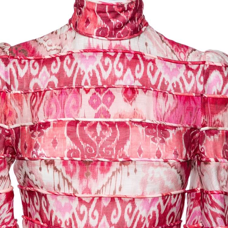 Pre Owned Zimmermann Pink Printed Linen Wavelength Paneled Maxi Dress XS