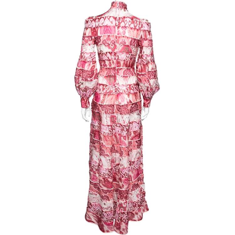 Pre Owned Zimmermann Pink Printed Linen Wavelength Paneled Maxi Dress XS