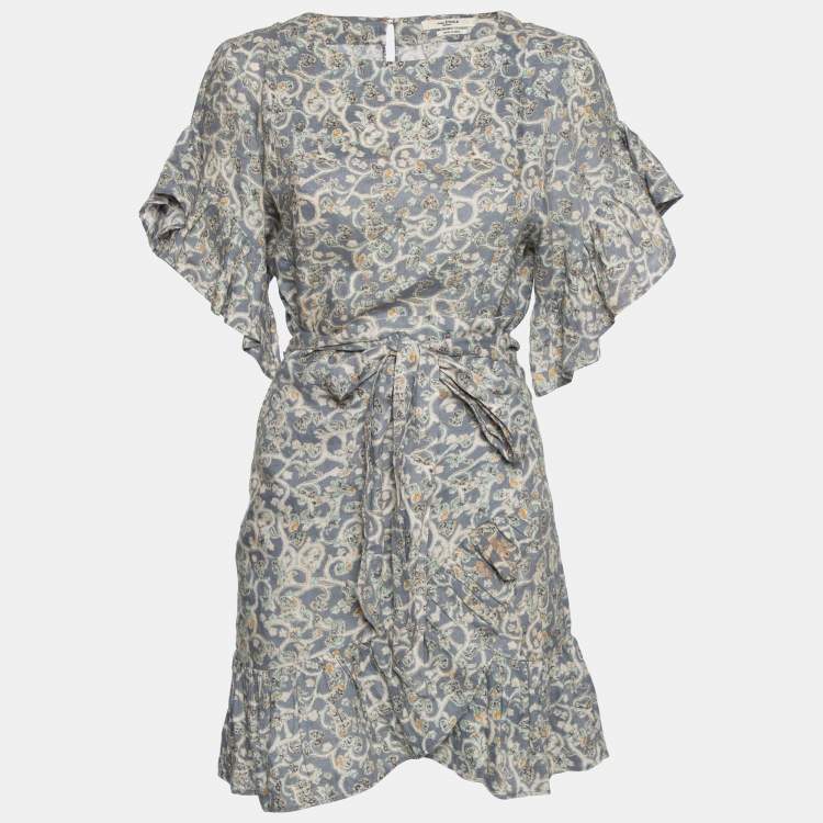 Pre Owned Zimmermann Blue Printed Linen Wrap Detail Ruffled Dress S