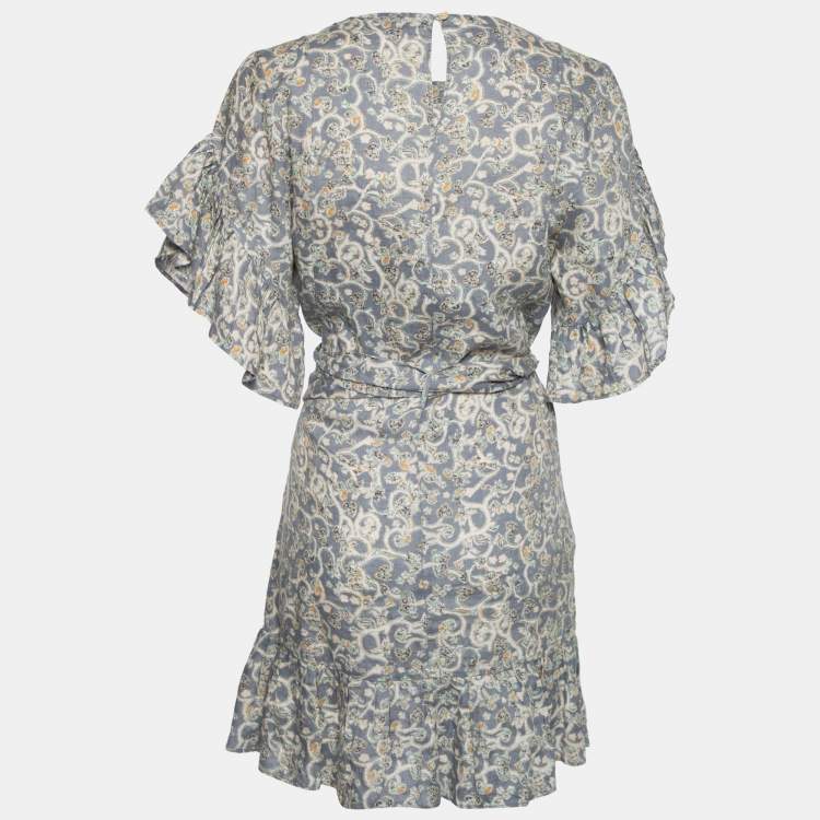 Pre Owned Zimmermann Blue Printed Linen Wrap Detail Ruffled Dress S