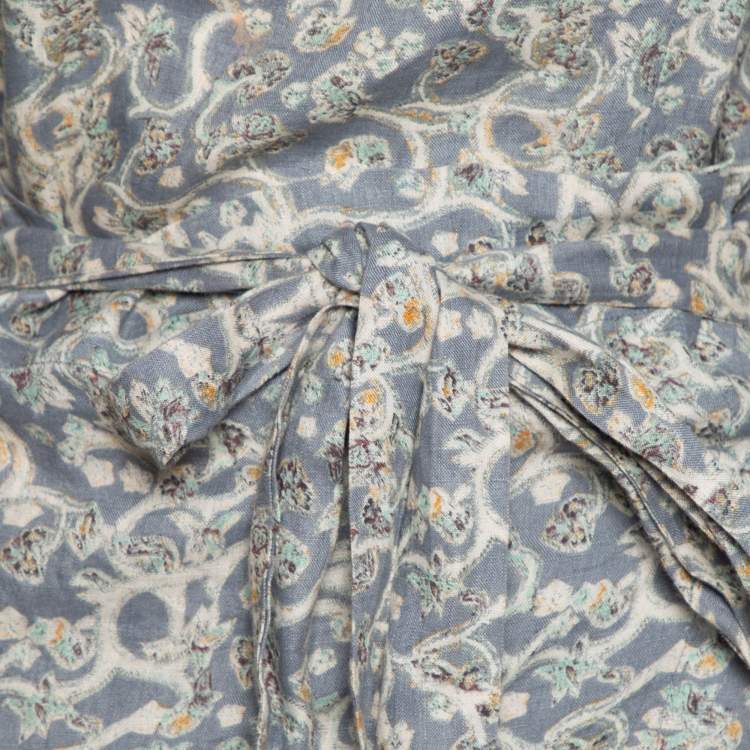 Pre Owned Zimmermann Blue Printed Linen Wrap Detail Ruffled Dress S