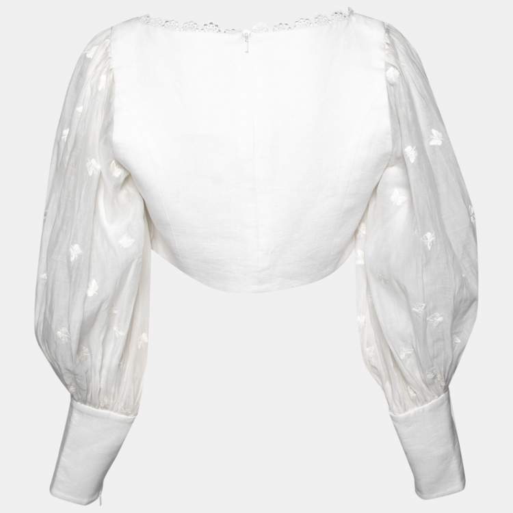 Pre Owned Zimmermann White Linen Lace Trimmed Balloon Sleeve Crop Top L