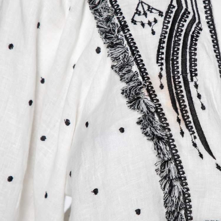 Pre Owned Zimmermann White & Black Tali Embroidered Linen Fringe Detail Maxi Dress S