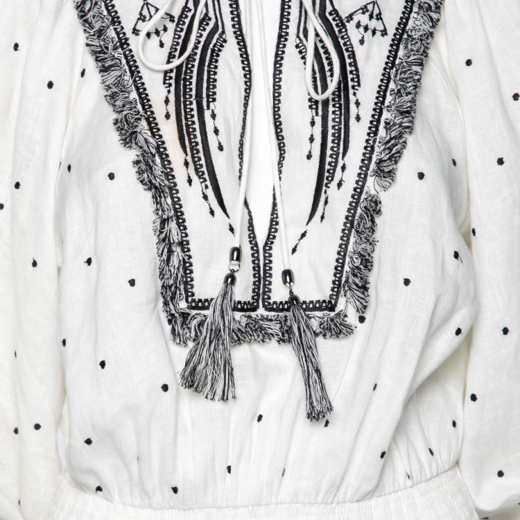 Pre Owned Zimmermann White & Black Tali Embroidered Linen Fringe Detail Maxi Dress S