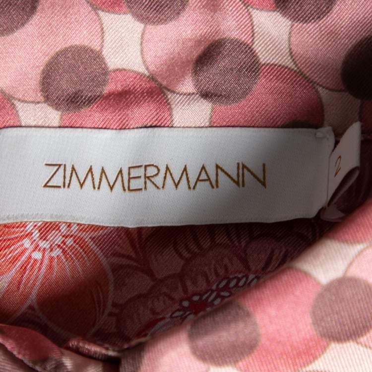 Pre Owned Zimmermann Pink Floral Printed Silk Belted Midi Shirt Dress M