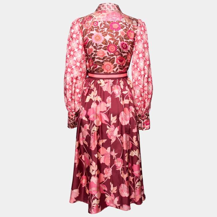Pre Owned Zimmermann Pink Floral Printed Silk Belted Midi Shirt Dress M