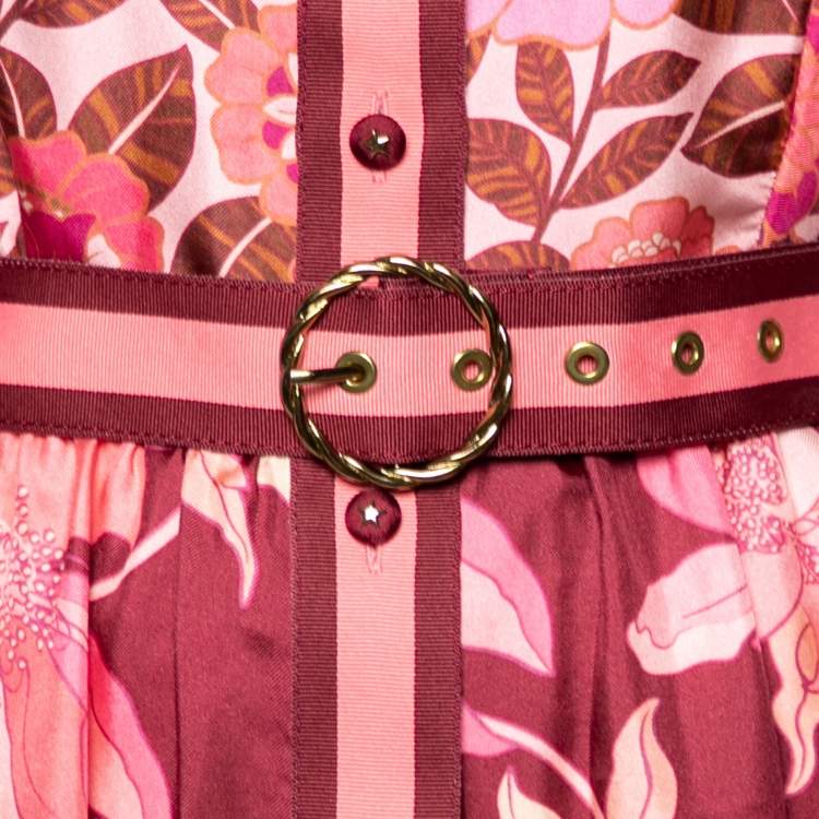 Pre Owned Zimmermann Pink Floral Printed Silk Belted Midi Shirt Dress M