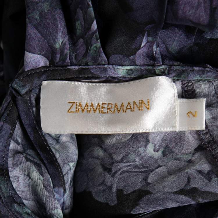 Pre Owned Zimmermann Purple Floral Printed Silk Draped Asymmetric Midi Dress M