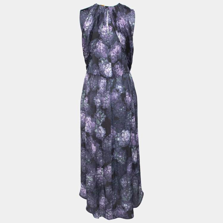 Pre Owned Zimmermann Purple Floral Printed Silk Draped Asymmetric Midi Dress M