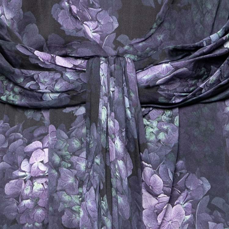 Pre Owned Zimmermann Purple Floral Printed Silk Draped Asymmetric Midi Dress M