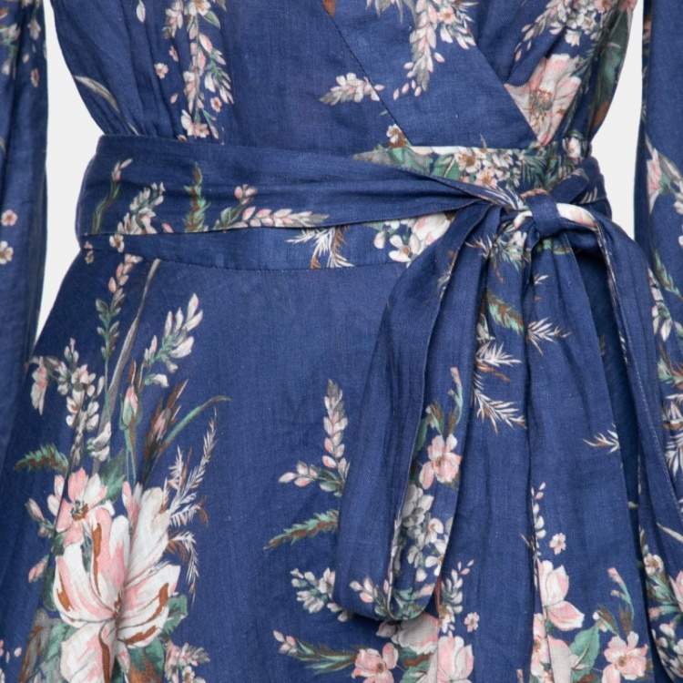 مملوكة مسبقًا Zimmermann Blue Moonshine Floral Printed Linen Wrap Dress S