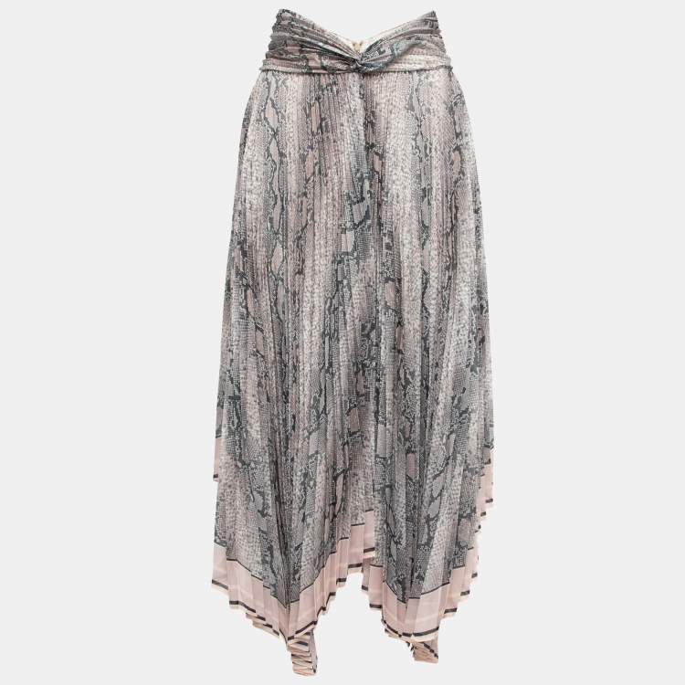 Pre Owned Zimmermann Grey Snake Print Chiffon Corsage Pleated Asymmetric Skirt M