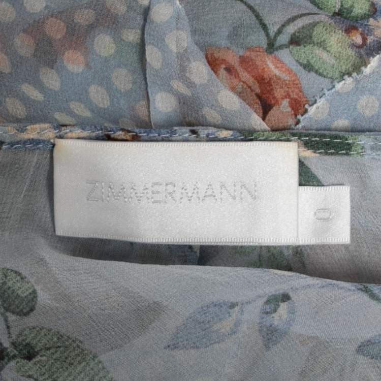 Pre Owned Zimmermann Blue Floral Printed Silk Chiffon Ruffle Trimmed Dress S