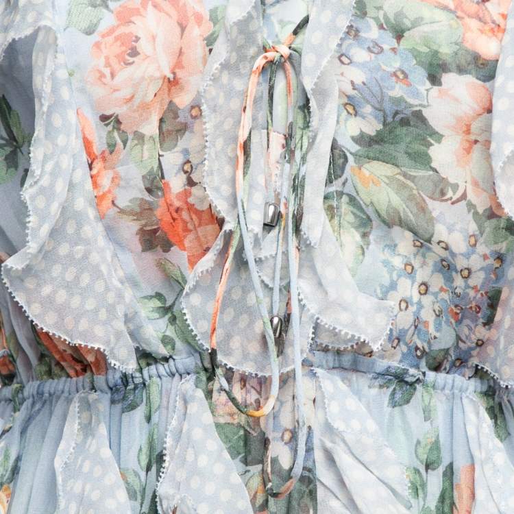 Pre Owned Zimmermann Blue Floral Printed Silk Chiffon Ruffle Trimmed Dress S