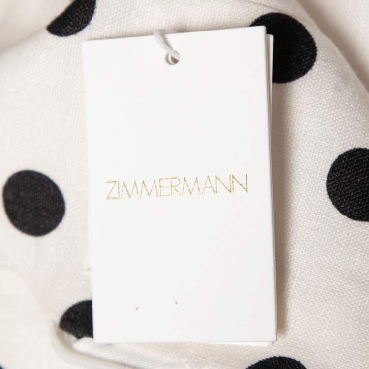 Pre Owned Zimmermann White Polka Dot Linen Corsage Bow Detailed Dress S