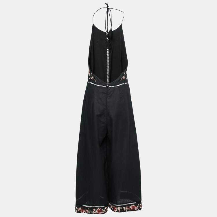 Pre Owned Zimmermann Black Linen & Cotton Floral Embroidered Jumpsuit M