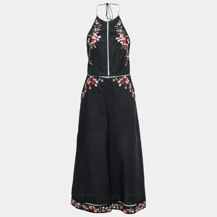 Pre Owned Zimmermann Black Linen & Cotton Floral Embroidered Jumpsuit M