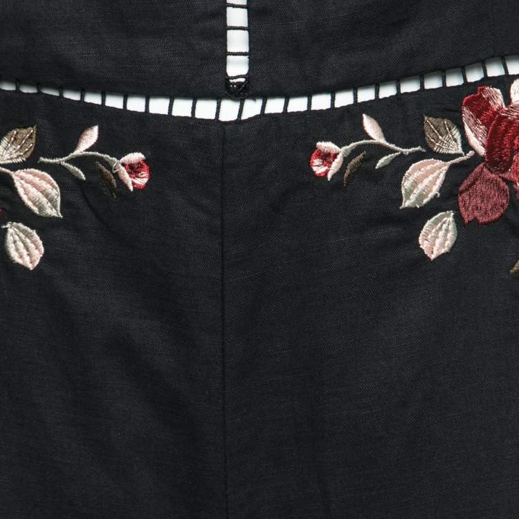 Pre Owned Zimmermann Black Linen & Cotton Floral Embroidered Jumpsuit M