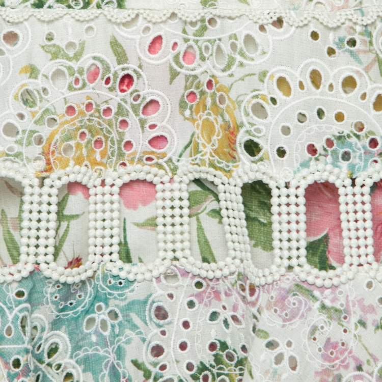 مملوكة مسبقًا Zimmermann White Floral Printed Eyelet Embroidered Heathers Off Shoulder Dress M