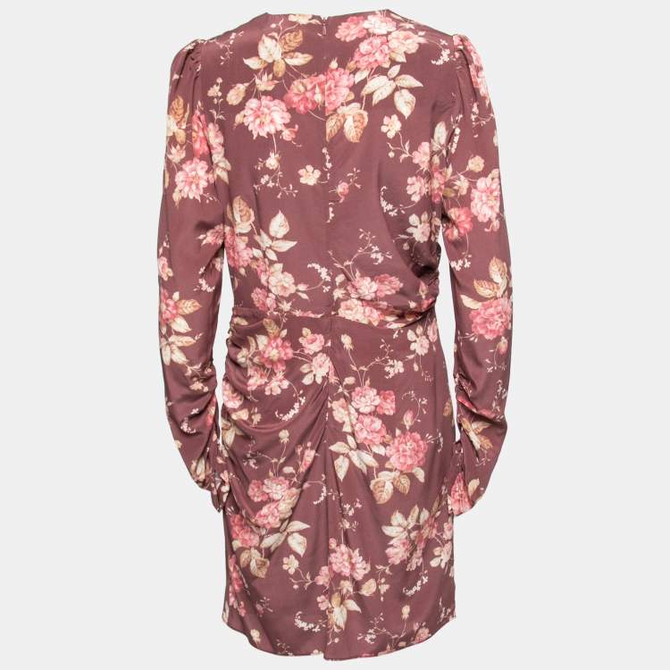 Pre Owned Zimmermann Brown Floral Printed Silk Side Ruched Detail Dress S