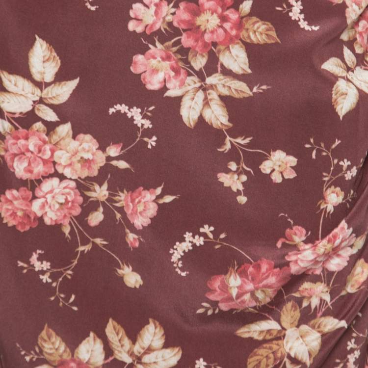 Pre Owned Zimmermann Brown Floral Printed Silk Side Ruched Detail Dress S