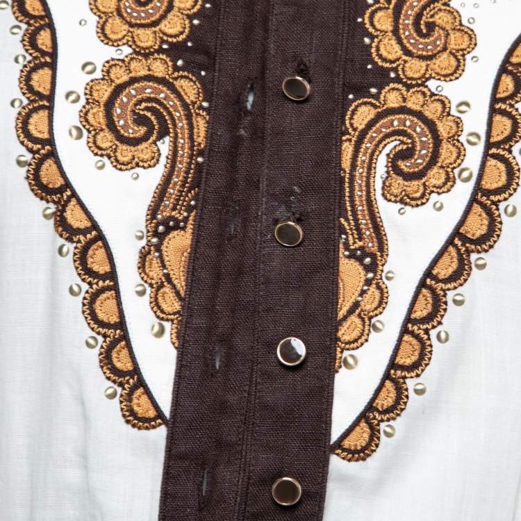 Pre Owned Zimmermann White & Brown Linen Zippy Dandy Studded Belted Dress M