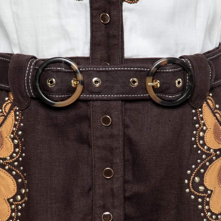 Pre Owned Zimmermann White & Brown Linen Zippy Dandy Studded Belted Dress M